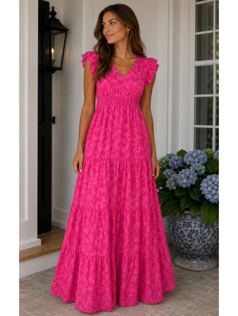 Ellison Pink Maxi Dress with Ruffle Sleeves and Tiered Skirt